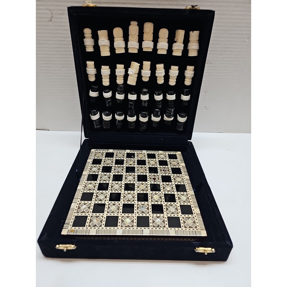 Egyptian Inlaid Mother Of Pearl Wooden Chess board Synthetic Pieces 8" X 8"